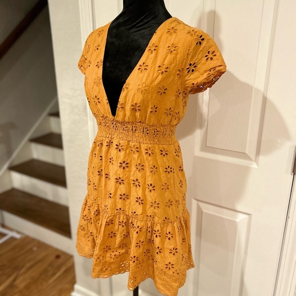 Mustard Yellow Floral Low V Cut Front Dress - Picture 3 of 5
